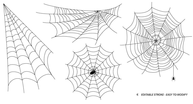 set of spider web or spider home insect or small spider in the web concept editable stroke