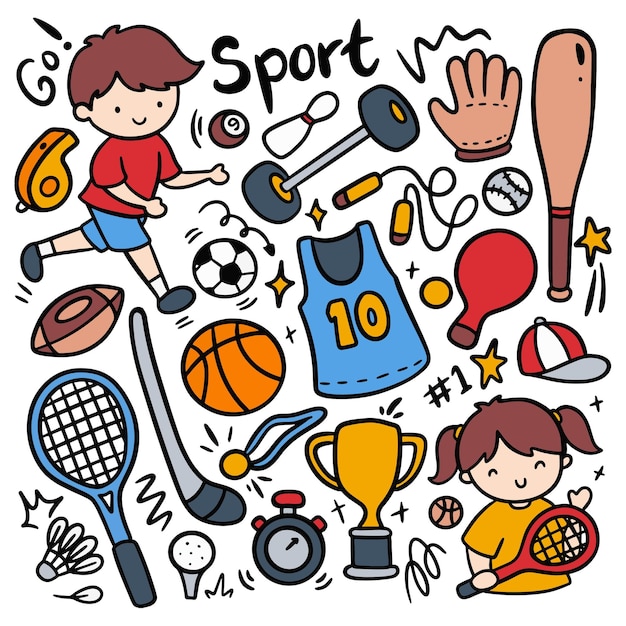 set of sport equipment in kawaii doodle style vector illustration