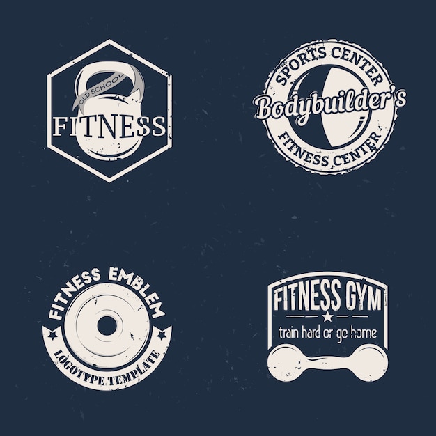 Set of sport fitness badge in vintage style with kettlebell, barbell and dumbbell.