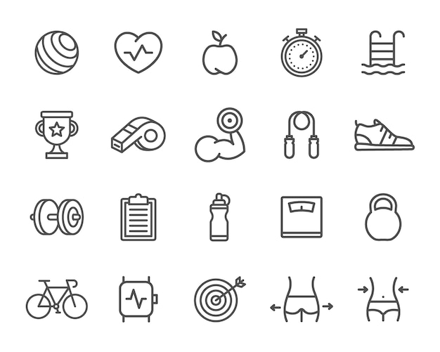 Set of Sport Line Icons. Target, Smart Watch, Bicycle, Bottle, Dumbbell and more