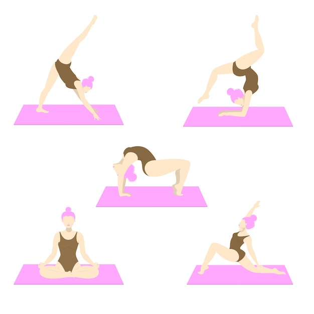 Vector set of sportive young woman doing yoga fitness exercises healthy lifestyle collection of female