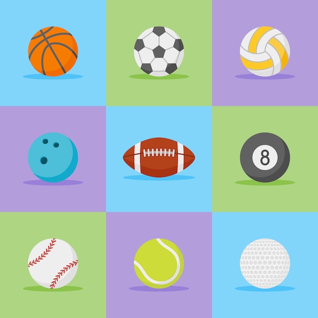 Set of sports balls flat style icons.  