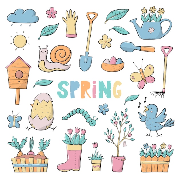 set of Spring doodles clip art cute cartoon elements for stickers prints sublimation cards