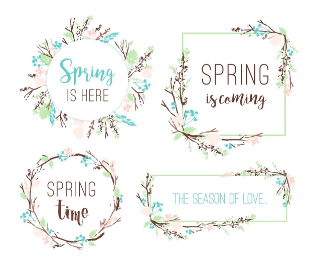 Vector set of spring frames of branches and leaves.