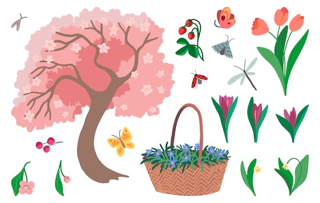 Set of spring garden isolated on white. Drawings of blooming tree, flowers, plants, insects, berries. Hand drawn vector illustrations. Colored cartoon doodles. Elements for design, print, stickers.