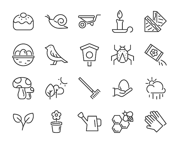 Set of spring icons, harvest, farm, easter, flower, rain, garden