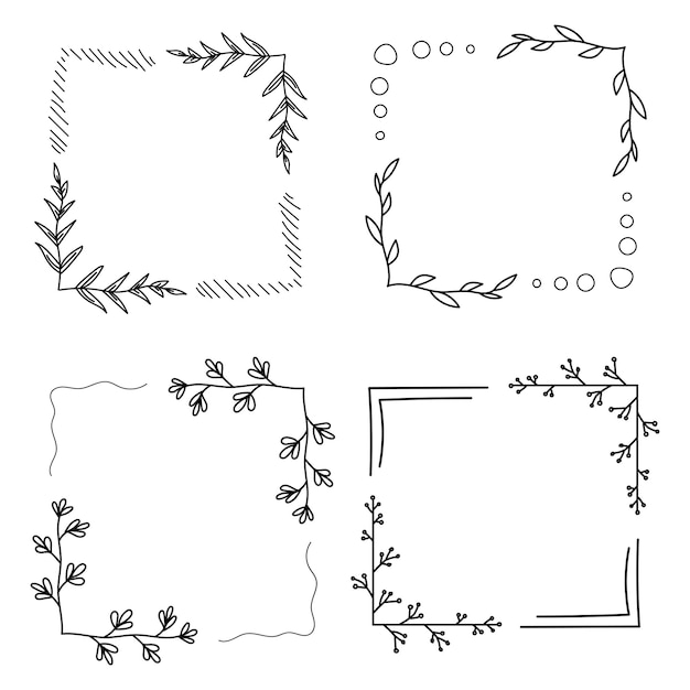 Set of square floral empty frame with branches and flowers Elegant herbs or blossoms Vector botanical outline borders set