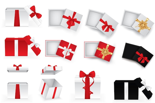 Set of square open gift boxes with satin ribbons and bows. Eps10