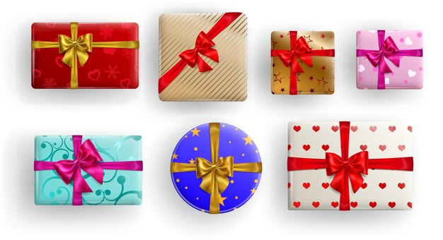 Set of square, rectangle and circle colorful gift boxes with ribbons, bows and various patterns