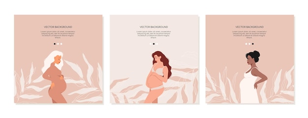 A set of square social media covers with a pregnant woman in nude colors Concept of pregnancy and motherhood Vector