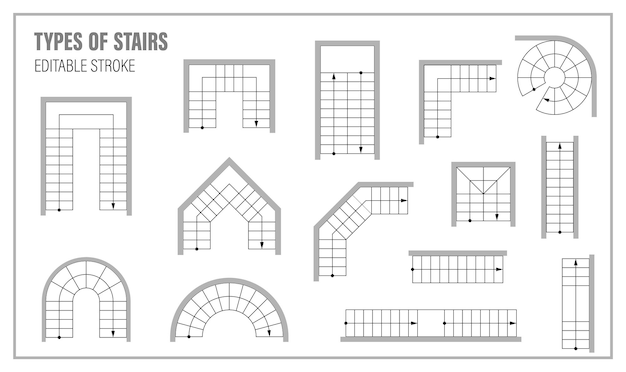 Set of stairs for floor plan top view Kit of icons for interior project Architectural elements for scheme of apartments Construction symbol graphic design element blueprint Vector