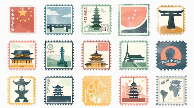 Vector a set of stamps from the worlds tallest pagodas