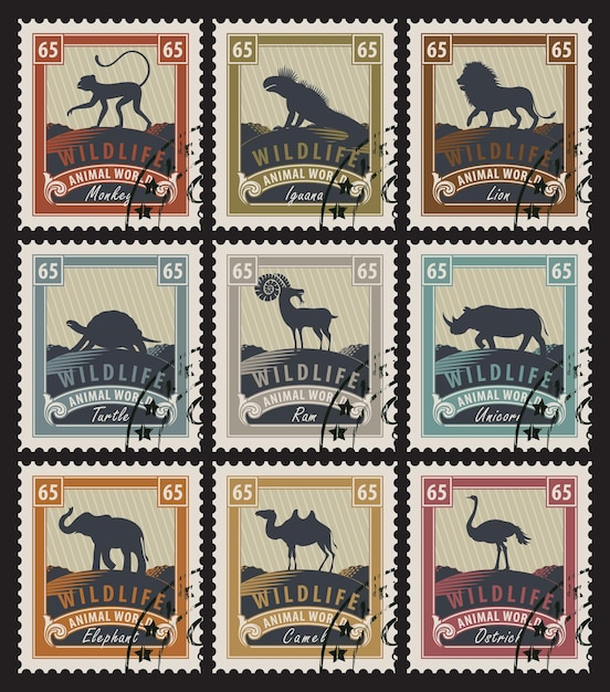 Set of stamps with different animals