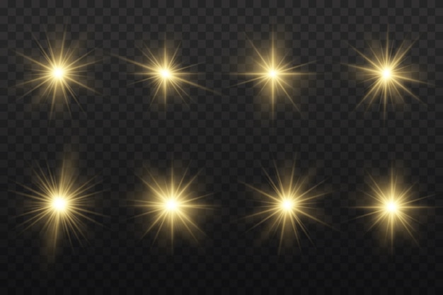 Set of star burst with brilliance, glow bright star, yellow glowing light burst on a transparent background, yellow sun rays, golden light effect, flare of sunshine with rays.