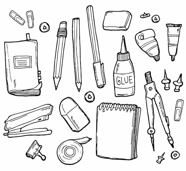 Set of stationery drawings Vector illustration School and office concept