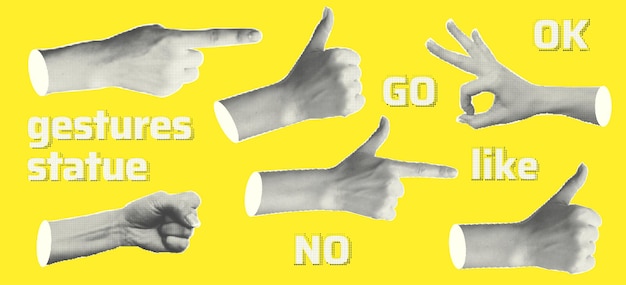 Set statue hands halftone style for collage design Fingers show gestures as ok peace thumb up point to object rock isolated on Yellow background Contemporary modern art Vector illustration