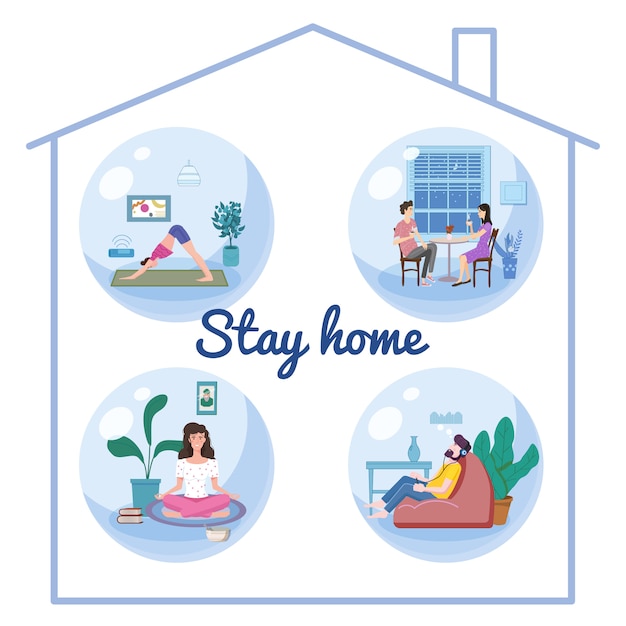 Vector set stay home quarantine consept banners self isolation. young couple and womens and men sitting at home drink tea coffee, practicing yoga, meditation, listen misic