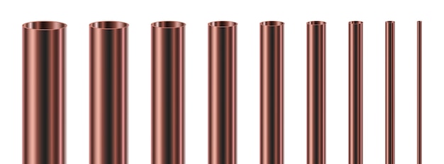 Set of steel or copper pipes, isolated.  Glossy tubes of different diameters.