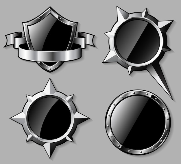 Set of steel glossy shields and compass roses