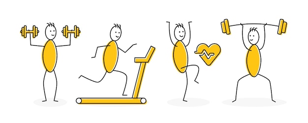 Set of stick figure do fitness vector. Containing dumbbell, cardio, barbell, treadmill symbol.