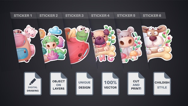 Set sticker - cat, briefcase, crocodile, alligator, worm, apple dog hippo bone Vector eps 10