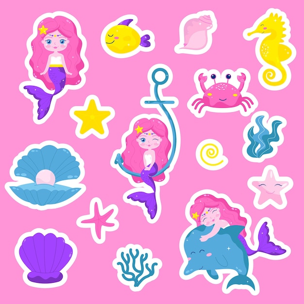 Set of sticker elements underwater world of mermaid fish seahorse star crab