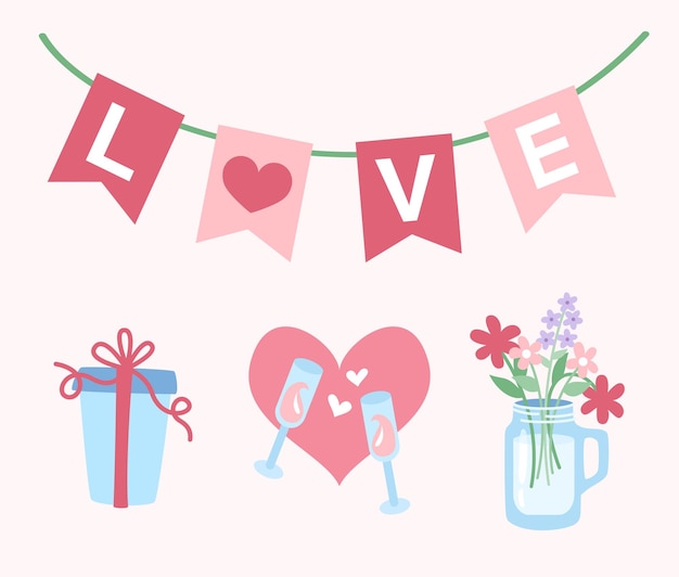 Set of sticker elements for valentine's day, romantic date and wedding. 