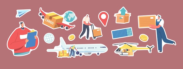 Set of Stickers Air Cargo Transportation Theme. Loader Characters Loading Parcels on Airplane and Helicopter, Winged Box, Navigation Pin, Worker with Forklift. Cartoon People Vector Illustration