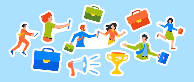 Set of Stickers Business Characters Participate In Relay Race Passing Baton From One To Another In Race Isolated Patches