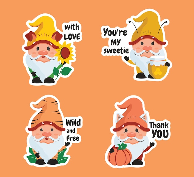 the set of stickers cartoonish gnomes with text the pumpkin sunflower honey and popular quotes