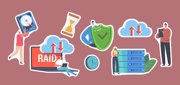 Set of Stickers Characters in Data Center, Laptop with RAID, Redundant Array of Independent Disks Storage, Backup. Modern Technologies and Hosting Servers, Cloud System. Cartoon Vector Illustration