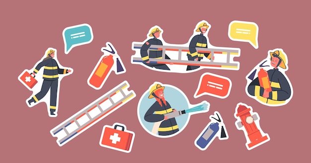 Set of Stickers Children Fire Fighters in Uniform Ladder First Aid Kit Extinguisher Kids Firemen Fighting with Blaze