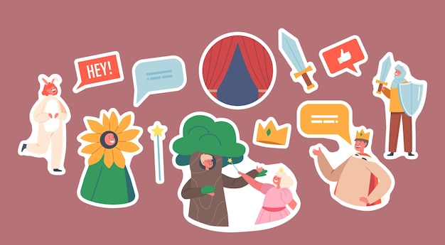 Set of Stickers Children in Funny Theatrical Costumes Playing on Stage Rabbit King Tree Flower Knight and Fairy