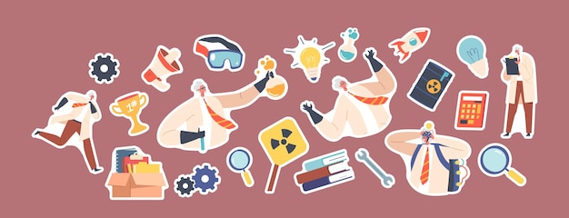 Set of Stickers Crazy Professor Wear Lab Coat and Rubber Gloves Nuts Doctor Character Conduct Experiment