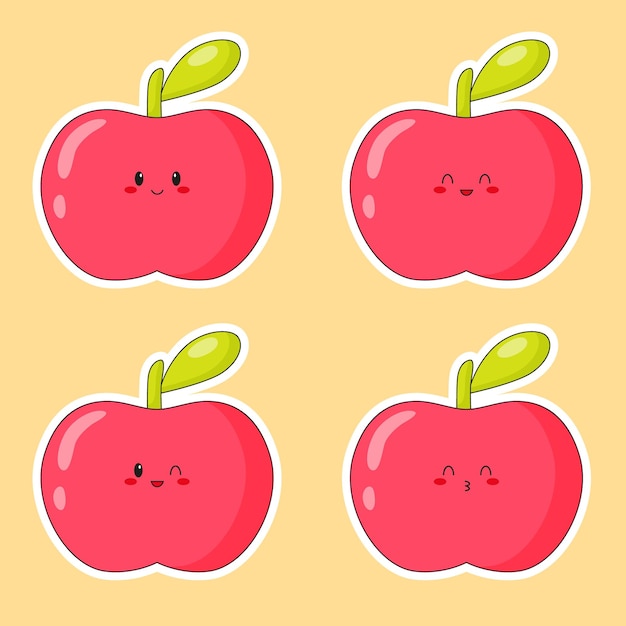 Set of stickers of cute kawaii red apple. Emoji with different emotions.