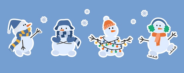 Set of stickers cute snowmen in a hat and scarf, with a garland and on skates