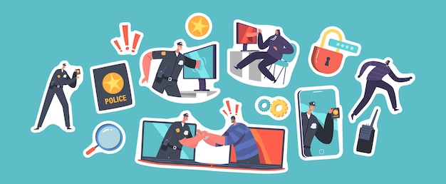 Set of Stickers Cyber Police Concept Policeman Character Catching Robber through Computer or Smartphone Screen