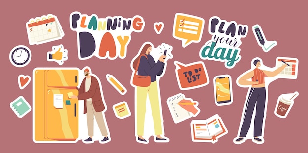 Set of Stickers Day Planning Theme. Characters Filling To Do List, Calendar, Notebook with Duties and Deals List. Smartphone with Application or Reminder and Coffee. Cartoon People Vector Illustration