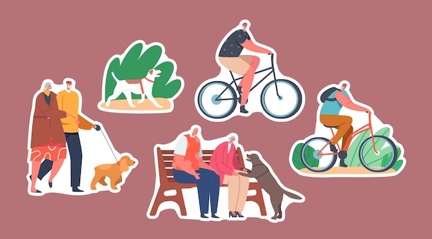 Set of Stickers Elderly People Walk with Dog in Park Aged Male and Female Characters Relax with Animal Promenade