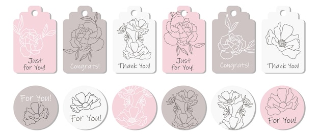 Set of stickers or greeting cards template with outline flowers. Anniversary, birthday, wedding