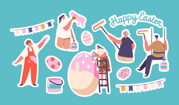 Set of Stickers Happy Family Prepare for Easter Celebration Parents Granny and Children Painting Huge Egg