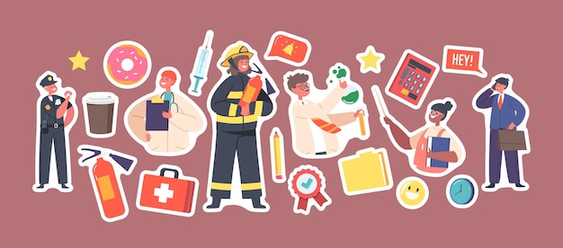 Set of Stickers Kids Profession Policeman Firefighter and Doctor with Scientist Teacher and Businessman Characters