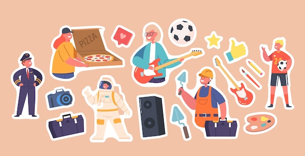 Set of Stickers Kids Professions Builder Courier Astronaut Musician Pilot and Football Player Children Occupation