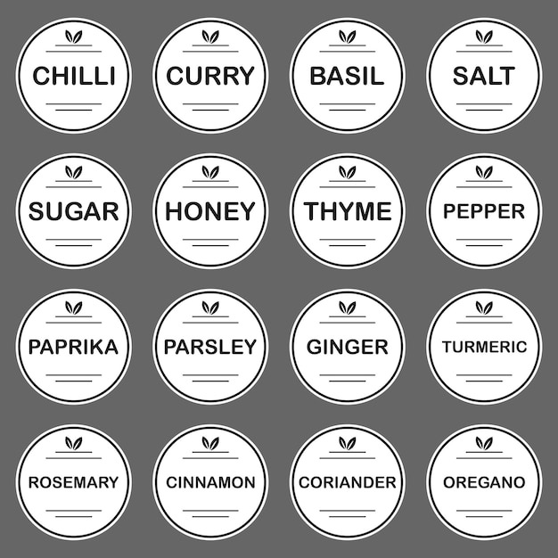 Set of stickers or labels for jars of spices .Set of 16 vector round stickers with names of spices.