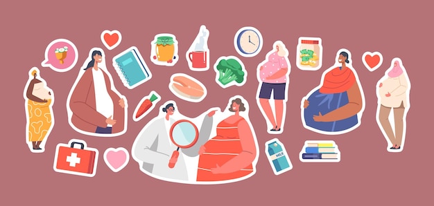 Set of Stickers Multinational Women Pregnancy and Motherhood Diverse Pregnant Mothers with Big Belly Female Characters