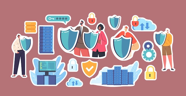 Set Of Stickers People Holding Shields Protect Server Or Hard Disks Secured Database App Service For Safe Storage