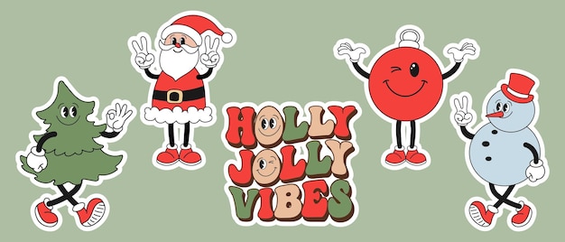 Vector set of stickers retro groovy hippie characters snowman santa claus christmas tree