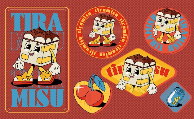 A set of stickers in the style of the 90s Cartoon characters of tiramisu cherries cola on a blue