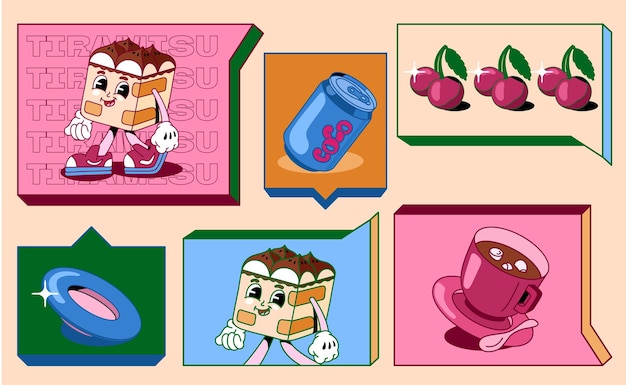 A set of stickers in the style of the 90s Cartoon tiramisu