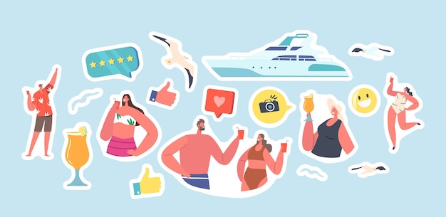 Set of Stickers Summertime Vacation Cruise Young People Relaxing Luxury Yacht Happy Male and Female Characters Rest